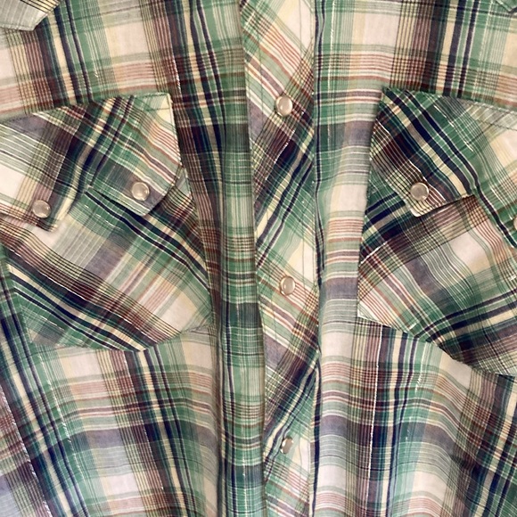 Men’s Vintage sparkle Pearl snap button up large Rustler teal blue purple cowboy - Picture 6 of 9